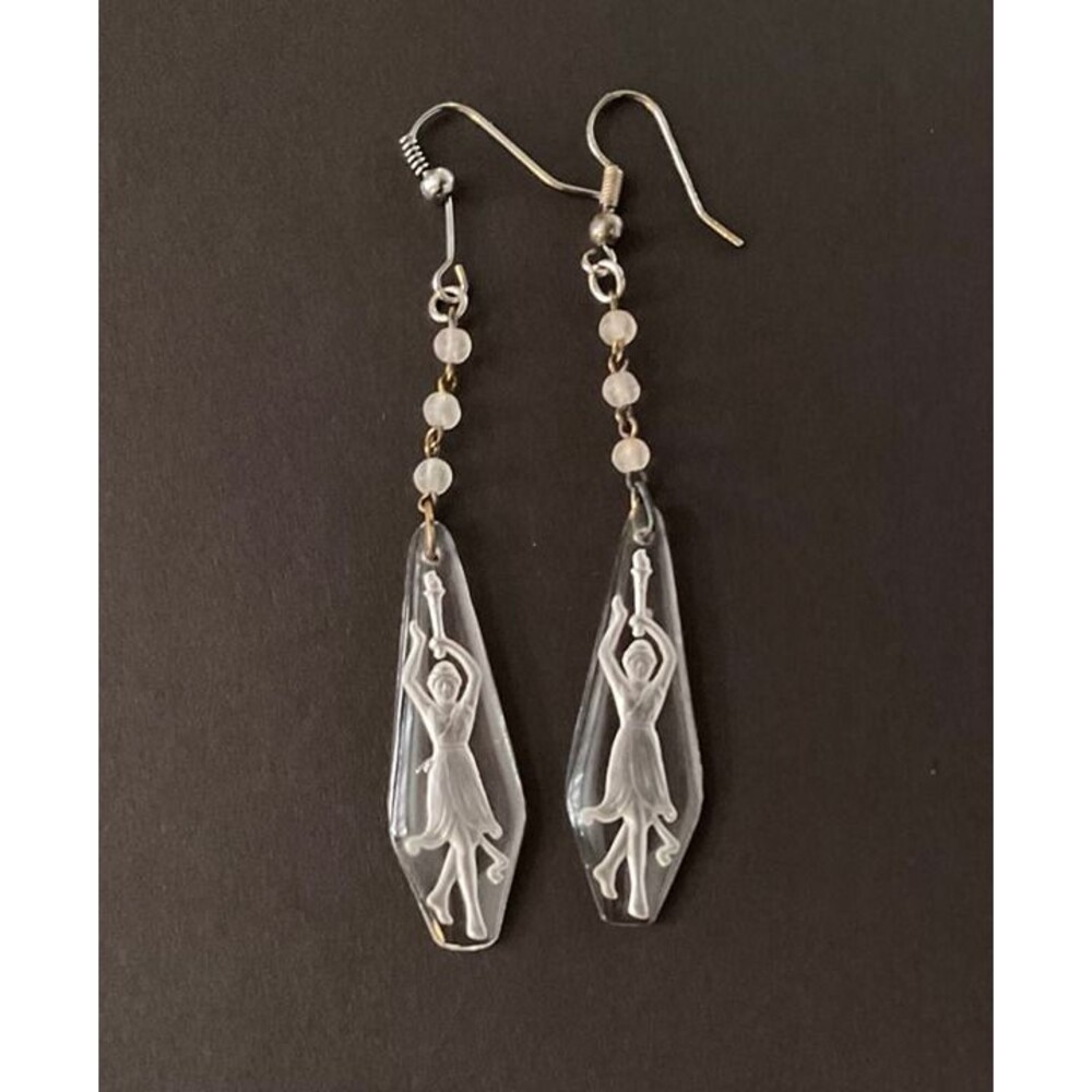 Reverse Carved Glass Woman Holding Torch Drop Vintage Earrings